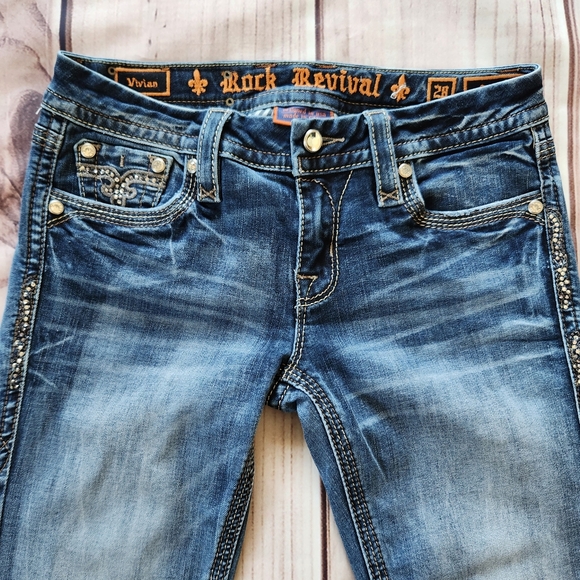 Rock Revival Buckle "Vivian" Low Rise Straight Leg Blue Jeans | Women's Size 28 - Picture 7 of 15